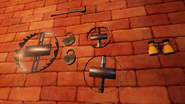In Pre-Alpha in the garage, bear traps of different sizes hang on the wall after the nightmare sequence.