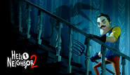 Screenshot of the Neighbor with a pitchfork in his hand as he climbs the stairs, and above is the shadow of the Guest.